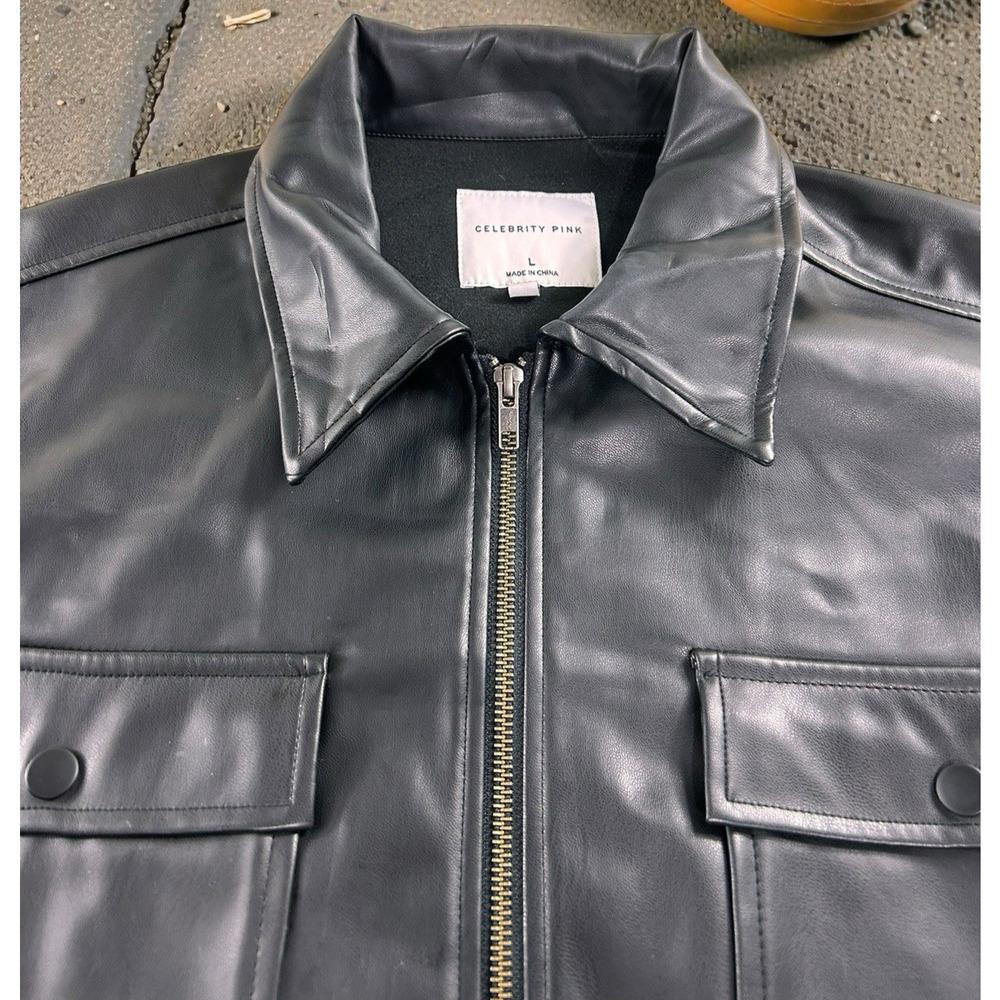Celebrity Pink Black Faux Leather Jacket Women's Sz Large Full Zip Boxy Pockets - Picture 4 of 6